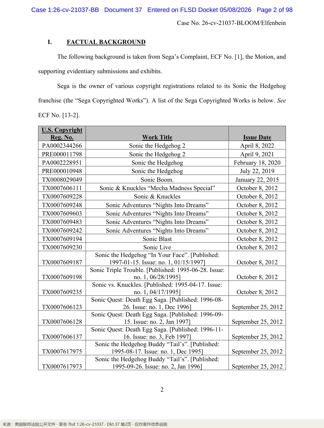 投诉依据·版权：法院命令内索尼克版权作品表